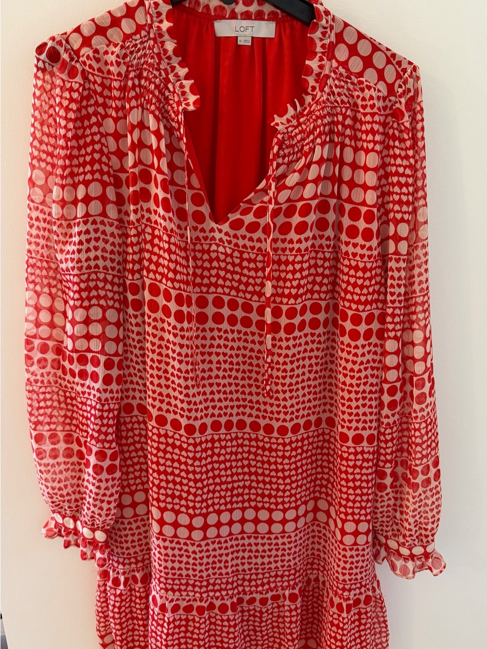 LOFT Red and White Printed V-Neck Dress Ruffles